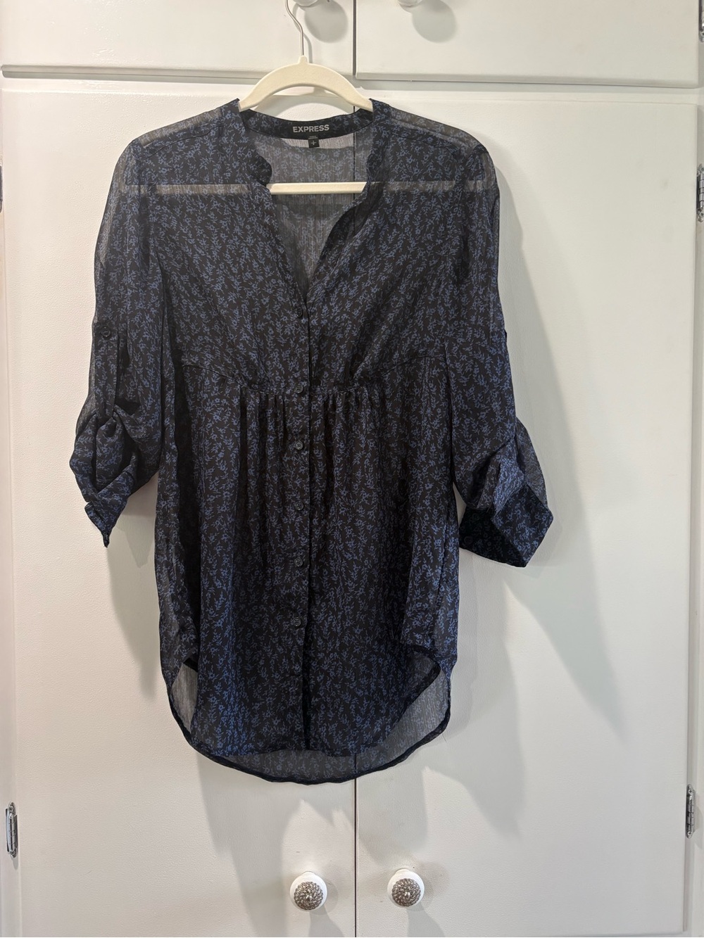 Express Navy Floral-Print Button Front Tunic Babydoll S